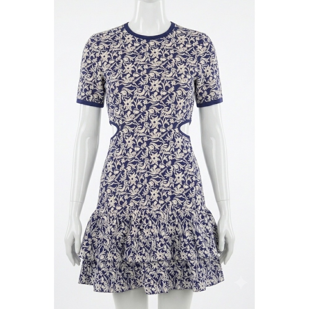 Maje Paris Navy Blue White Floral Knit Cut-Out Tiered Ruffle Mini Dress Size 36